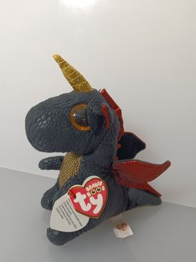 Ty Beanie Boos Grindal The Dragon Plush Toy Black W/ Gold &Red Iridescent Color.